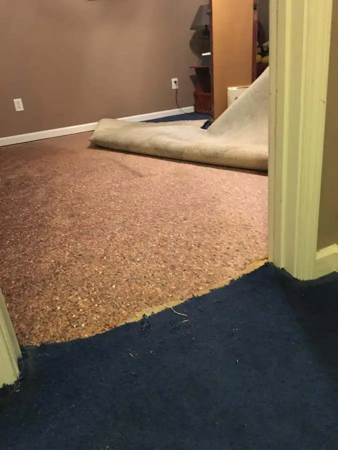 Carpet pad removal revealing water damage during Water Mitigation Services in Twentynine Palms